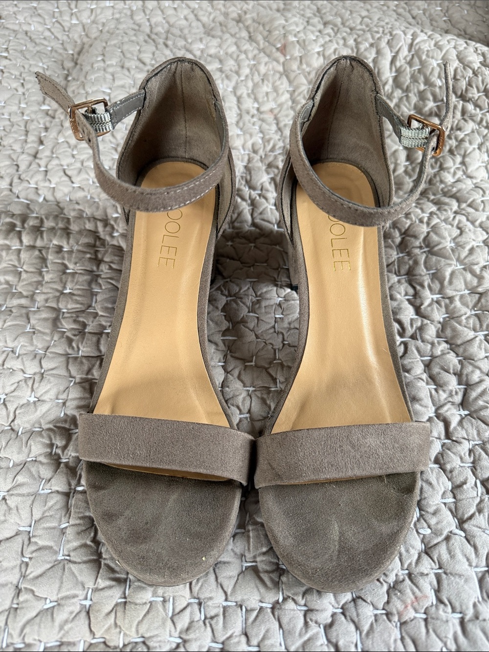 Roolee Taupe Suede Ankle Strap Heels